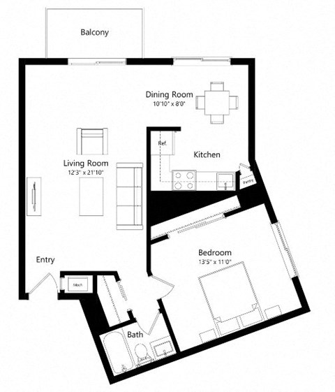 Floor plan for 1 bed, 1 bath, 759 sqft